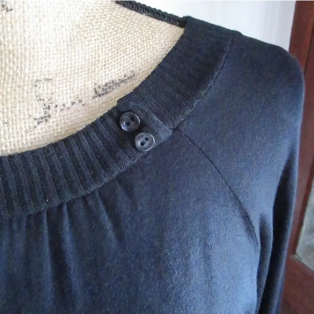70s Vintage Black Boatneck Sweater Size M Buttons Long Sleeve Minimalist Goth